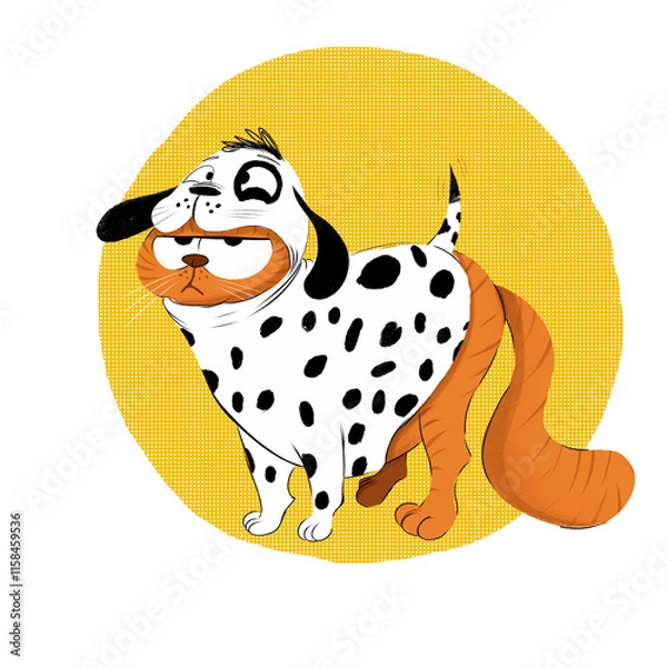 Fototapeta A cute but disgruntled cat in a Dalmatian costume.