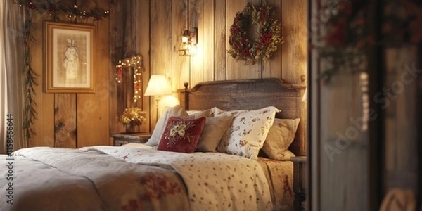 Fototapeta Charming corner of a cottage bedroom in a rustic holiday escape, featuring a country style interior design that exudes warmth and comfort. Cozy and inviting atmosphere created.