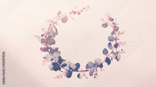 Fototapeta A modern abstract wreath crafted from lavender-toned eucalyptus leaves, adorned with rose gold geometric ornaments and pastel pink accents, set against a light beige background with soft texture. Ethe