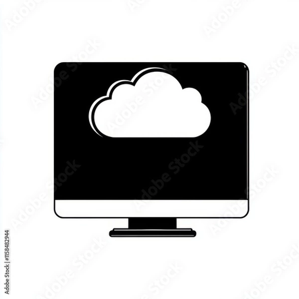 Obraz Stylized black and white illustration of a computer monitor displaying a cloud symbol.