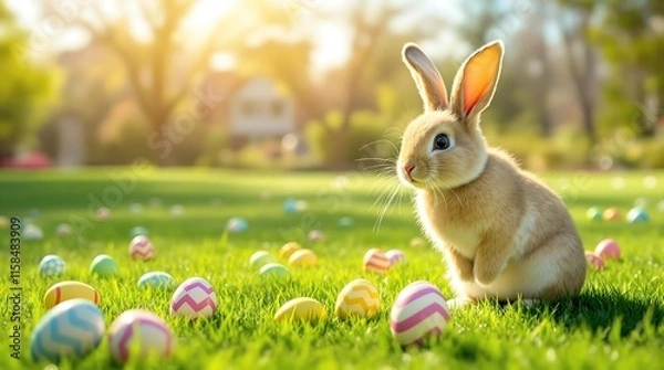 Fototapeta A rabbit is sitting on a grassy field surrounded by colorful Easter eggs, with a bright and sunny background