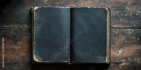 Fototapeta An old black book featuring empty pages rests against a dark backdrop, providing ample space for additional text or design elements.