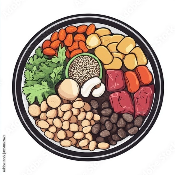 Obraz A vibrant assortment of healthy ingredients featuring nuts, seeds, vegetables, and proteins displayed in a round plate.