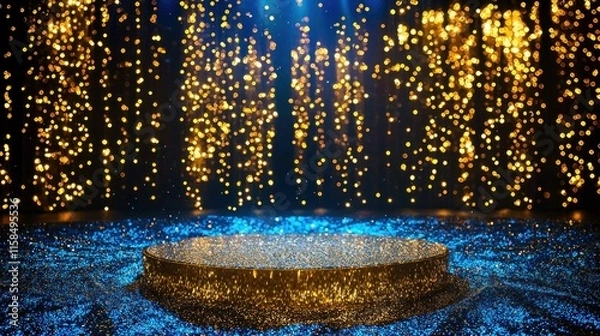 Obraz Glittering gold podium on blue sparkle background.