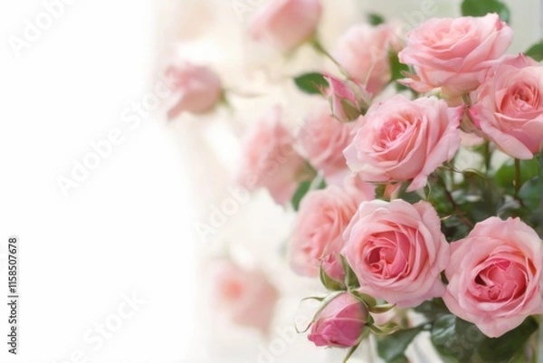 Fototapeta Pink Roses in Full Bloom Arranged in Vase with Soft Pink Petals and Fresh Green Stems in Dreamy Scene
