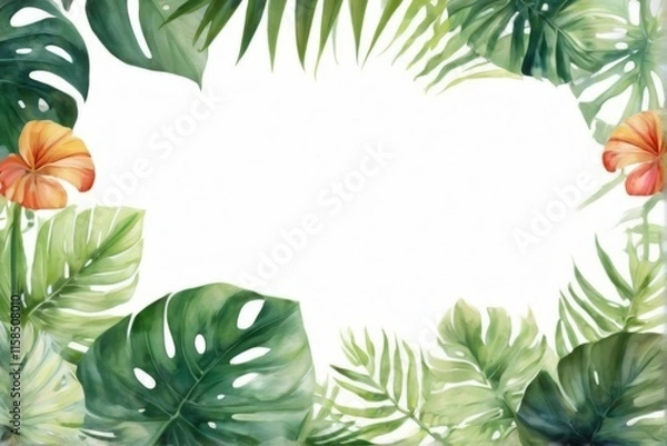 Fototapeta Vibrant Tropical Leaves and Flowers Square Frame with Watercolor Style on White Background