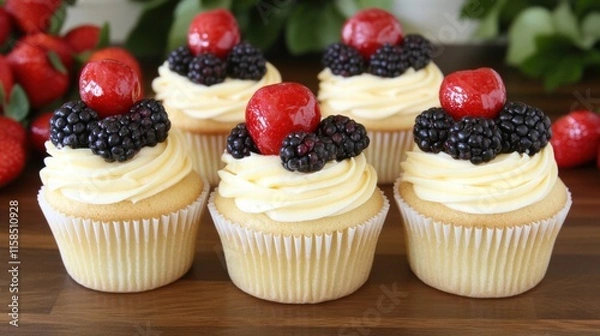 Fototapeta Delicious Vanilla Cupcakes Topped with Fresh Berries