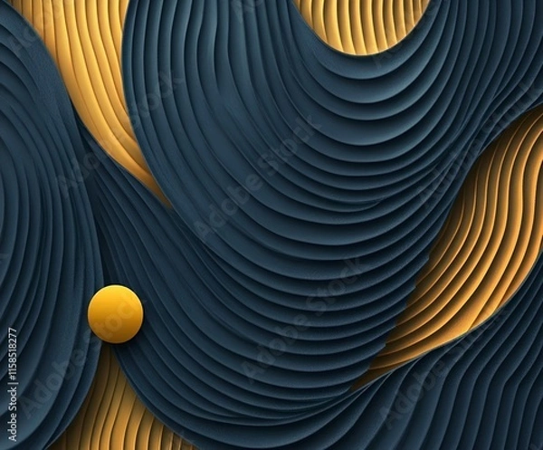 Fototapeta A contemporary abstract design with layered navy and gold curved shapes creating a sense of depth and movement, complemented by a small gold sphere symbolizing elegance and balance.