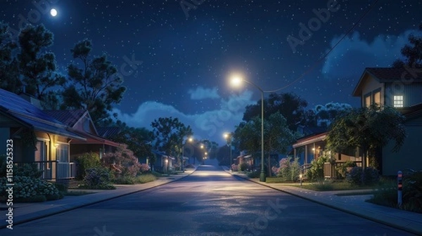 Obraz The image shows a garden lamp glowing warmly near green plants and flowers, with solar panels visible in the background under a clear blue sky.