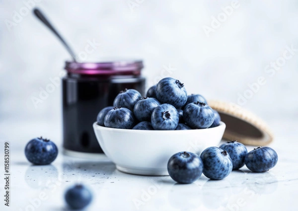 Fototapeta A bowl of blueberries sits on a table next to a jar of blueberry jam