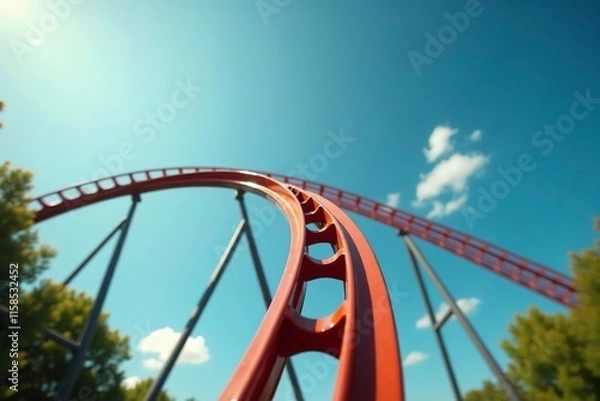 Fototapeta Close-up of a rollercoaster track sharply curving against a clear blue sky, capturing the excitement and thrill of amusement park rides. Dynamic and adventurous theme park concept.