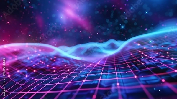 Obraz Abstract Digital Landscape: Neon Grid and Celestial Nebula