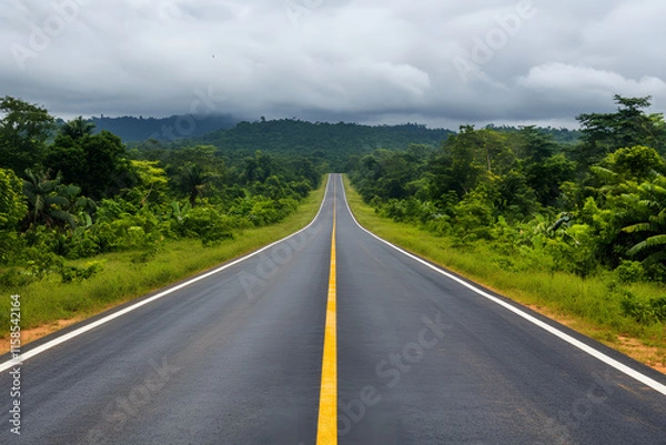 Fototapeta Endless road stretching through lush green forests under cloudy skies, perfect for travel, adventure, and nature visuals, symbolizing exploration and freedom in scenic landscapes
