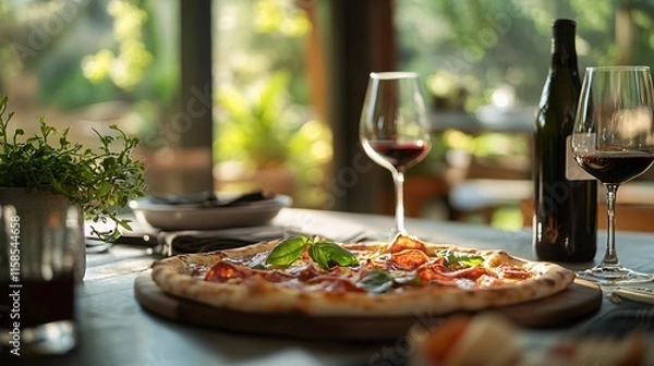 Fototapeta Delicious pizza with pepperoni and basil enjoyed with red wine in a restaurant