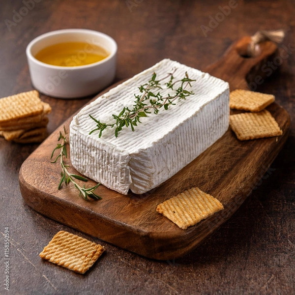 Obraz Rustic Goat Cheese on Wooden Board with Herbs