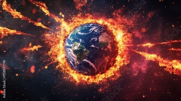 Fototapeta A round Earth icon surrounded by shooting flames, symbolizing record temperatures and fires caused by global warming, dramatic lighting, vibrant colors, intense atmosphere