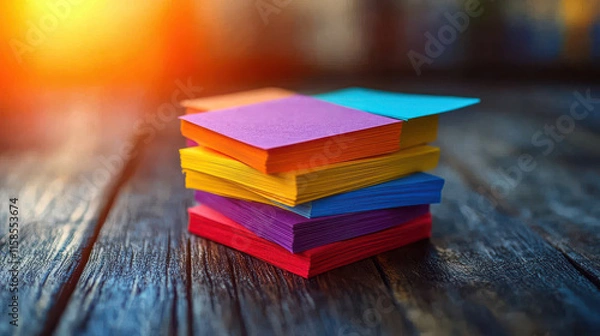 Fototapeta Colorful Sticky Notes Arrangement, Bright Hues (Pink, Purple, Blue, Green, Orange, Yellow) on Blurred Surface, for Workflow Management or Creative Thinking