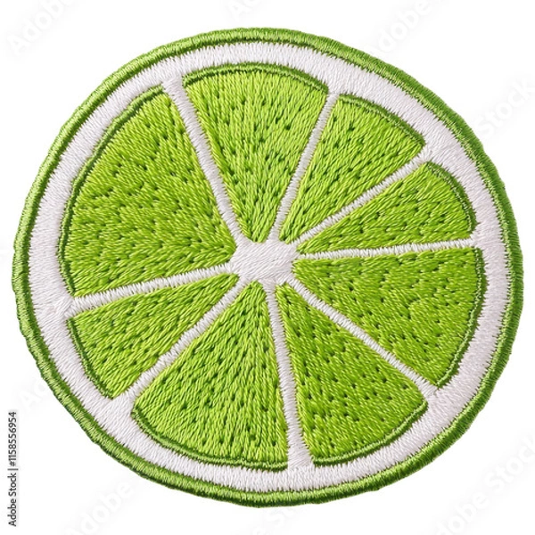 Fototapeta A vibrant embroidered patch shaped like a lime slice, showcasing its distinct segments and bright green color.