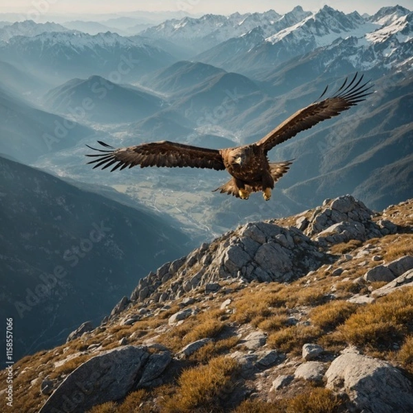 Obraz A golden eagle diving from a high mountain peak.