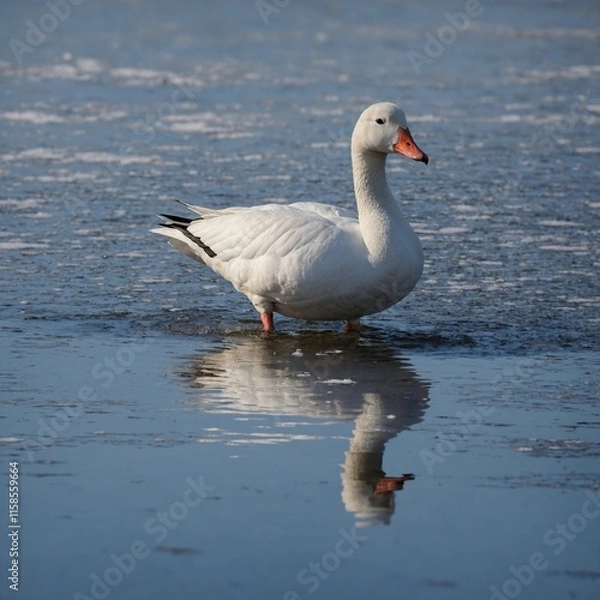 Obraz A snow goose swimming in a partially frozen lake.