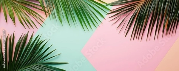 Fototapeta Palm leaves abstract background concept. Vibrant tropical leaves against a colorful background, creating a fresh atmosphere.