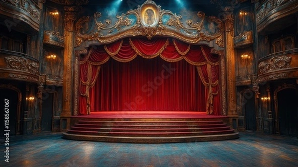 Obraz Grand cabaret stage with red velvet curtains and dramatic lighting
