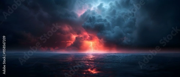 Fototapeta Dramatic Sunset Over Turbulent Sea with Lightning and Dark Clouds Illuminating the Horizon