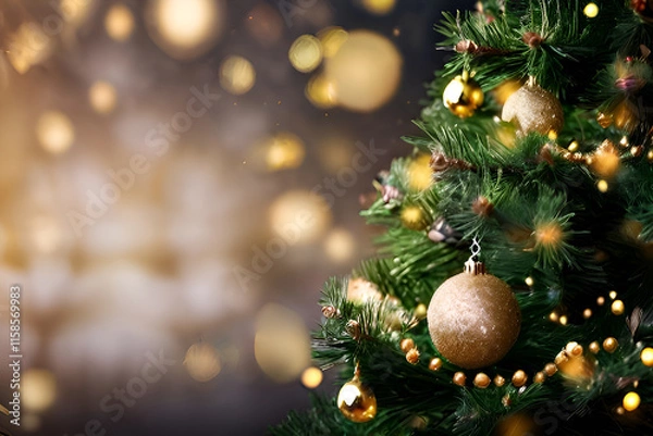 Fototapeta Golden balls hanging on the branches of a Christmas tree against the background of blurred lights. Free space for text. Festive New Year background.
