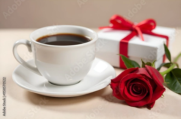 Fototapeta White cup of coffee, gift box and red rose on light background. Valentine's Day.