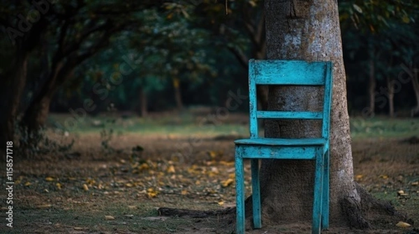 Fototapeta Rustic Blue Chair Leaning Against Tree in Serene Forest Setting