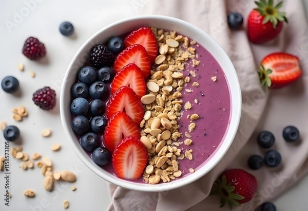 Fototapeta Breakfast smoothie bowl with granola, fresh raspberries, blueberries, chia seeds and mint on wooden background

