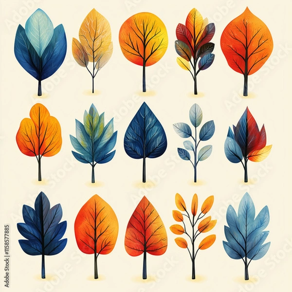 Fototapeta Trees, the idea of autumn trees, leaves and feathers. Beautiful abstract plant and animal form.