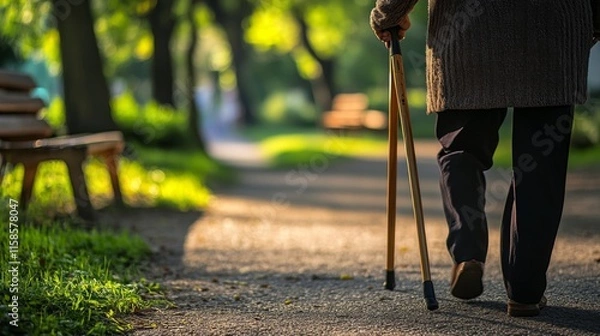 Obraz Elderly person walking with cane, symbolizing resilience and determination in the face of aging. Embracing life's journey with grace and perseverance.