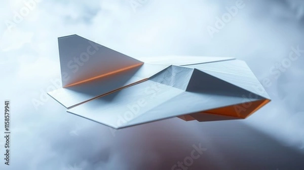 Obraz A sleek, futuristic aircraft design emerges from soft clouds, showcasing sharp angles and a blend of colors.