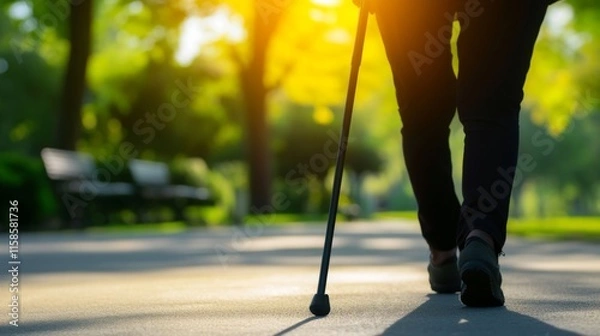 Obraz Elderly person walking with cane, symbolizing resilience and determination in the face of aging. Embracing life's journey with grace and perseverance.