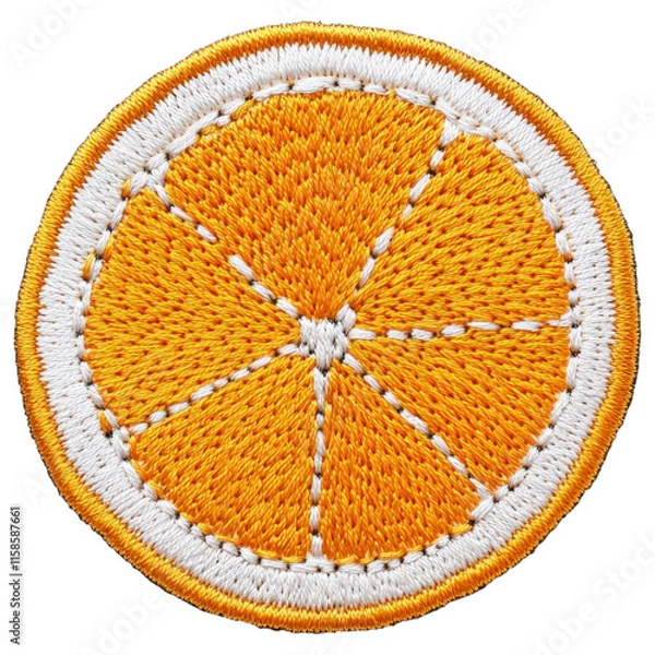 Fototapeta A vibrant embroidered patch depicting a sliced orange in bright orange and white colors.