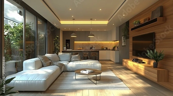 Fototapeta Modern open-plan living room with kitchen, large sectional sofa, and wood features.