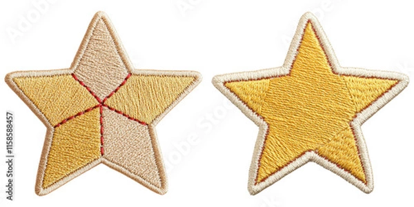 Fototapeta Two embroidered yellow star patches, showcasing distinct designs, one featuring lines and the other solid in color.