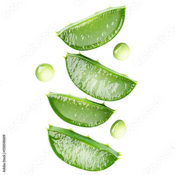 Fototapeta Fresh green aloe vera slices arranged vertically with small gel droplets, showcasing their natural texture and vibrant color.