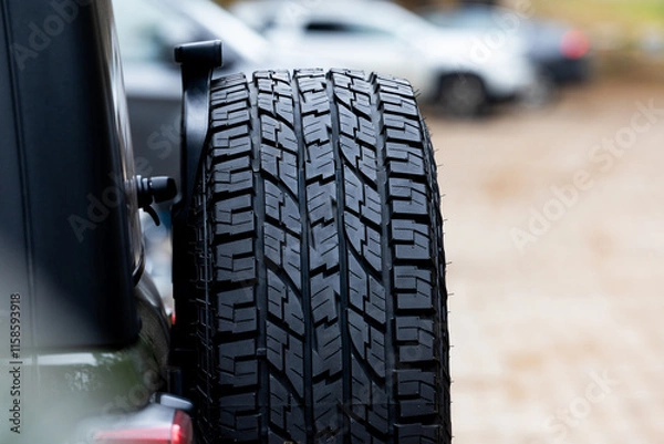 Fototapeta Deep tread of a new off road tire mounted on the rear door of an off-road vehicle. The photo was taken during the day.