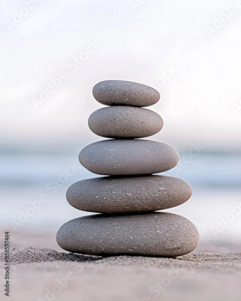 Fototapeta Tranquil stack of smooth stones on a sandy beach