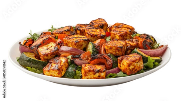 Fototapeta Delicious plate of grilled paneer tikka with colorful vegetables, showcasing vibrant colors and appetizing presentation. Perfect for healthy meal or gathering