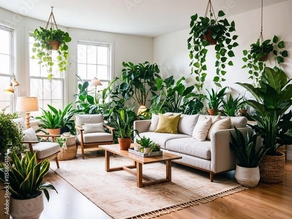 Fototapeta A bright and inviting living room filled with an array of indoor plants, creating a vibrant and refreshing atmosphere.