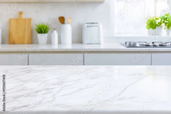 Obraz Empty marble tabletop in a blurred modern kitchen  for product placement