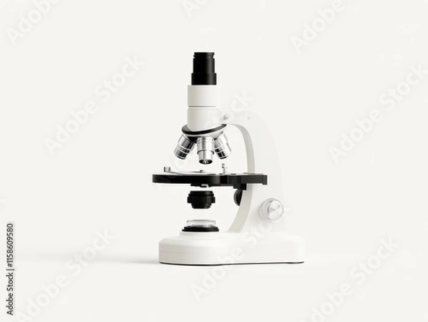Obraz A sleek white microscope with metallic accents, elegantly isolated against a clean white background, showcasing modern design and functionality.