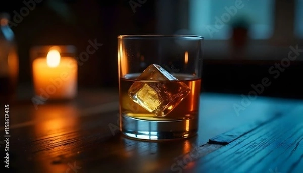 Fototapeta A glass of whiskey with a large ice cube, placed on a dark wooden surface, with soft candlelight reflections creating a luxurious and calm ambiance. Stock photography 32K, UHD, Ultra HD quality, high 