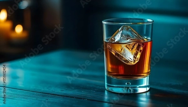 Fototapeta A glass of whiskey with a large ice cube, placed on a dark wooden surface, with soft candlelight reflections creating a luxurious and calm ambiance. Stock photography 32K, UHD, Ultra HD quality, high 