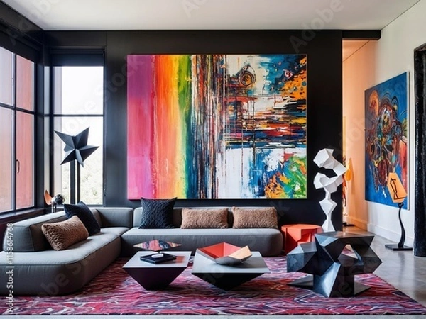 Fototapeta An artistic living room with a bold, creative design, blending modern and eclectic elements. 