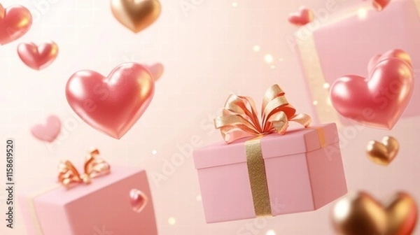 Fototapeta Valentine's Day background with pink gift boxes and golden hearts on a light pastel color. Happy Valentine's Day concept with copy space for text, web banner, or greeting card template design element.