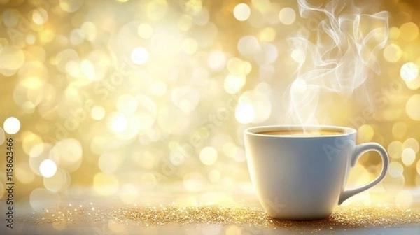 Fototapeta Warm Coffee Mug with Steam Against a Bright Background